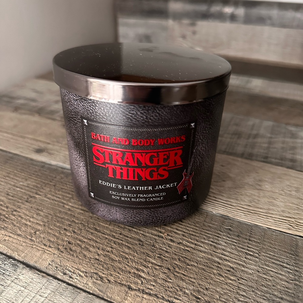 Bath & Body Works Stranger Things Candle 3-wick Eddie’s Leather Jacket